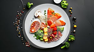 a plate divided into sections, a balanced diet that emphasizes the importance of the right types of fats, countering the