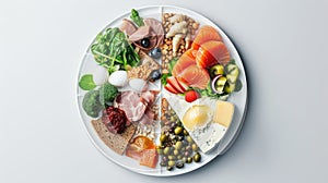 a plate divided into sections, a balanced diet that emphasizes the importance of the right types of fats, countering the