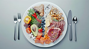 a plate divided into sections, a balanced diet that emphasizes the importance of the right types of fats, countering the