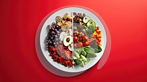 a plate divided into sections, a balanced diet that emphasizes the importance of the right types of fats, countering the