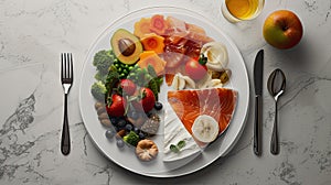 a plate divided into sections, a balanced diet that emphasizes the importance of the right types of fats, countering the