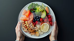 a plate divided into sections, a balanced diet that emphasizes the importance of the right types of fats, countering the