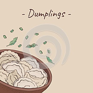 Plate of dumplings background. Cartoon hand drawn Ravioli with spices. Vareniki. Pelmeni. Meat dumplings. Food. Cooking