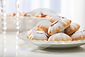 A plate of dusted pastries filled with sweet cream or fruit presented on a table with a reflective light table surface. Homemade