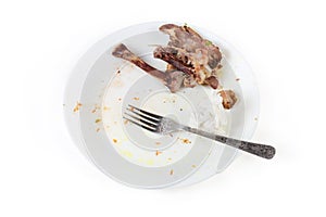 Plate after eating with gnawed chicken leg bones and fork