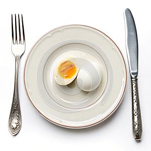 Plate with egg, fork, and knife isolated on white background