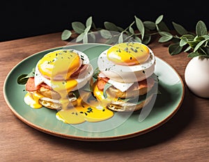 A plate of eggs benedict with poached eggs, bacon, and hollandaise sauce on toasted English muffins.