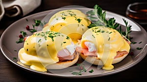 A plate of eggs benedicts with ham and cheese. Generative AI image.