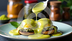 Plate of eggs and greens with a green sauce on top