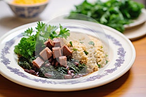 plate of feijoada with farofa and couve, garnished with parsley photo