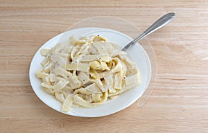 Plate of fettuccine alfredo with fork on wood table