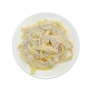 Plate of fettuccine alfredo on a white background