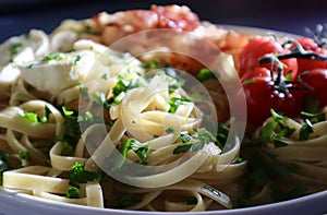 Plate of Fettuccine Pasta with Fresh Tomatoes Cheese and Herbs