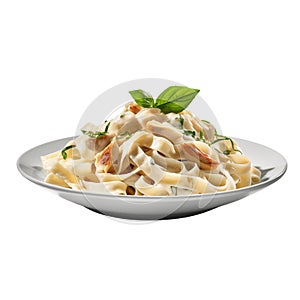 Plate of fettucini alfredo with garnish isolated on transparent background for menu, side view photo