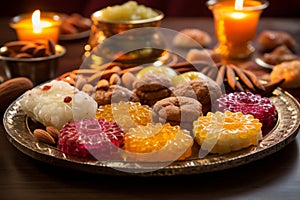 Plate filled with assorted Indian candies and nuts