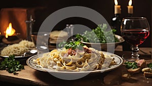 Plate filled with fresh homemade tagliatelle pasta and glass of deep red wine on wooden table