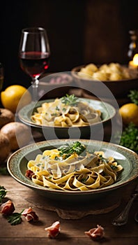 Plate filled with fresh homemade tagliatelle pasta and glass of deep red wine on wooden table
