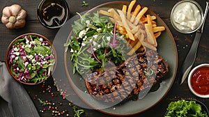 A plate is filled with a juicy steak, crispy fries, fresh salad, and a side of ketchup, ready to be enjoyed.