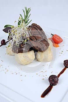 Plate of fine dining meal - Haunch of venison