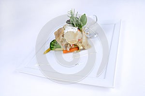 Plate of fine dining meal - lemon sole vegetables