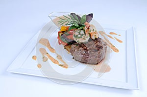 Plate of fine dining meal - steak and shrimps [2]