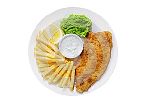 plate of fish and chips with french fries isolated on white background