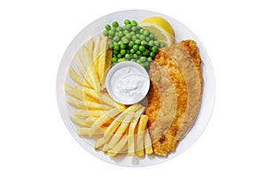 plate of fish and chips with french fries isolated on white background