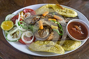 A plate with fish, salas and slivers