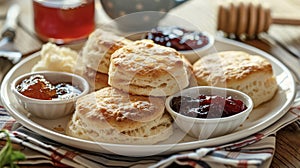 A plate of fluffy buttermilk biscuits served with a selection of jams jellies and honey on the side