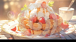 plate of fluffy and golden Belgian waffles with a dollop of whipped cream and fresh berries manga cartoon style by AI generated