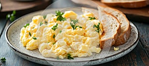 A plate of fluffy scrambled eggs with buttered toast photo