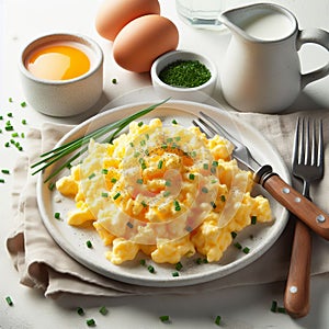 A plate of fluffy scrambled eggs with a sprinkle of chives on t