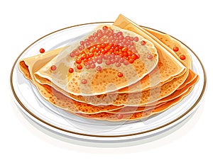 Plate with folded pancakes and red caviar on white background. Top view. Horizontal layout. Flat illustration for web