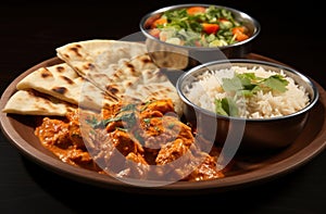 a plate of food with bowls of salad and a bowl of rice