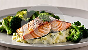 A plate of food with fish and broccoli