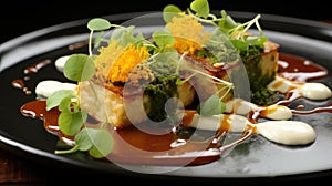 A plate of food with green and orange garnishes, AI
