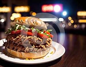 A plate of food with a hamburger, fries, and a drink on the table.