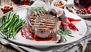 A plate of food with a steak, vegetables, and a fork