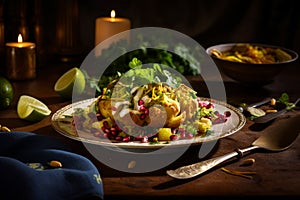 A plate of food on a table with a candle. Beautifully arranged plate of food with a lit candle on a table