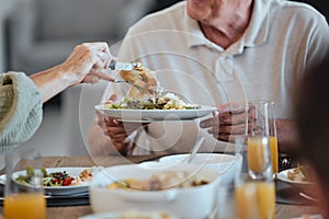Plate, food and thanksgiving with a meal in the hands of a senior man during a family lunch for celebration. Party