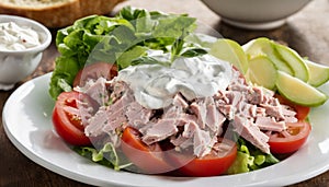 A plate of food with tomatoes, lettuce, and meat