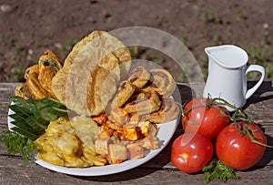 Plate of food, traditional homemade with milk