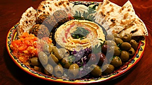 Plate of food with a variety of vegetables and dips