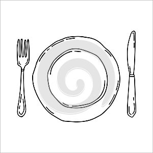 Plate with fork and knife. Cultery. Table settings. Simple food icon in hand drawn style isolated on white background.