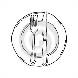 Plate with fork and knife. Cultery. Table settings. Simple food icon in hand drawn style isolated on white background.
