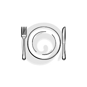 Plate with fork and knife hand drawn sketch icon.