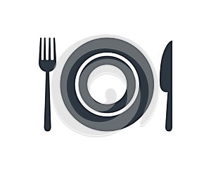 Plate, fork and knife icon in flat style. Food symbol isolated on white background. Bar, cafe, hotel concept Eating icon photo