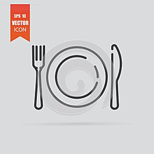Plate,fork and knife icon in flat style  on grey background