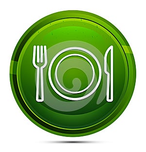 Plate with fork and knife icon glassy green round button illustration