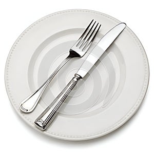 Plate with Fork and Knife Isolated on White Background